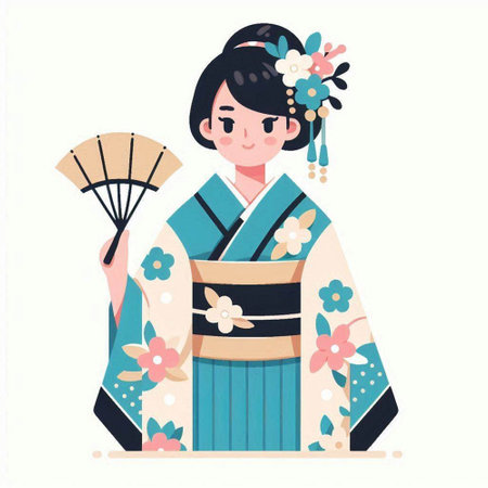 Japanese girl in a kimono with a fan. Vector illustration.のイラスト素材