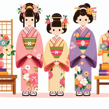 Japanese girls in kimono on a white background. Vector illustration.のイラスト素材