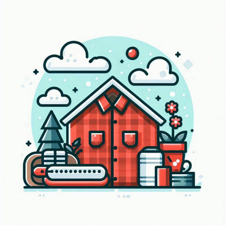 Vector illustration of a modern flat line art design of a house with a chimney, a chimney, a Christmas tree, a snowdrift, a Christmas tree and a box of gifts.のイラスト素材