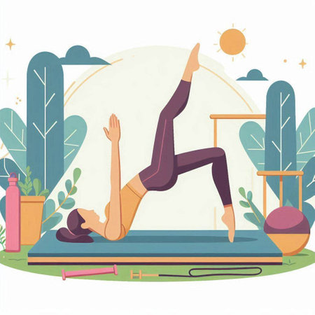Vector illustration of a woman doing yoga on a mat in the gardenのイラスト素材