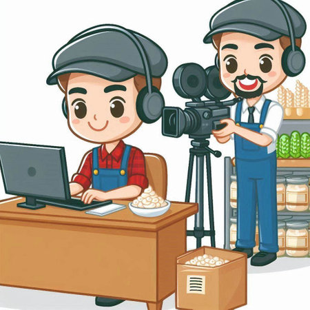 Illustration of a Man Working in a Coffee Shop with a Video Cameraのイラスト素材