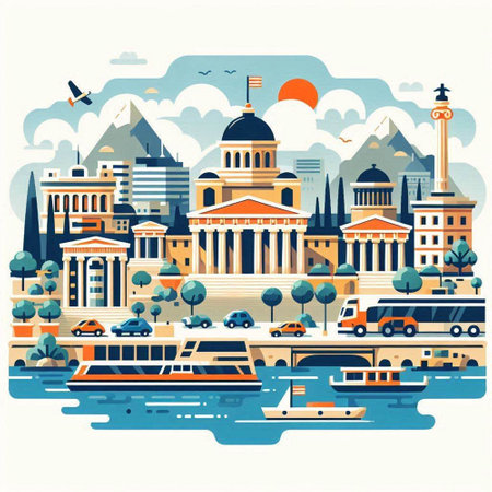 Cityscape of Greece. Vector illustration in flat style. Travel and tourism.のイラスト素材