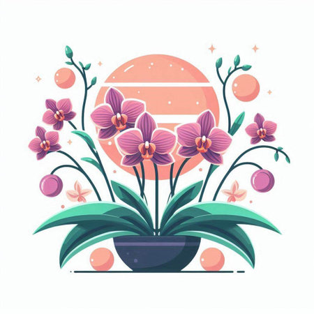 Orchid flowers in pot. Vector illustration in flat cartoon style.のイラスト素材