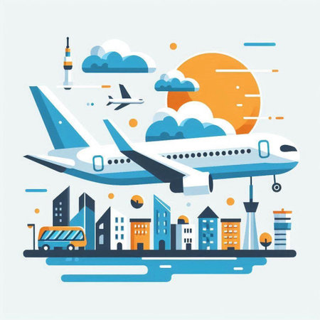 Airplane in the city. Travel concept. Vector illustration in flat styleのイラスト素材