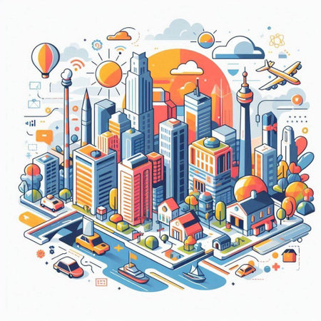 Vector isometric illustration of modern city with skyscrapers, roads, buildings, parks and parking.のイラスト素材