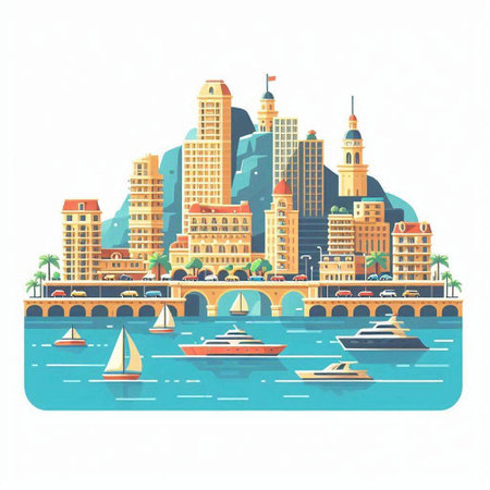 Cityscape with skyscrapers and boats. Vector illustration in flat styleのイラスト素材