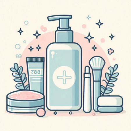 Cosmetic products. Hand drawn vector illustration in cartoon style. Skincare products.のイラスト素材