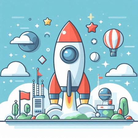 Space rocket in flat style. Spaceship launch. Vector illustration.のイラスト素材