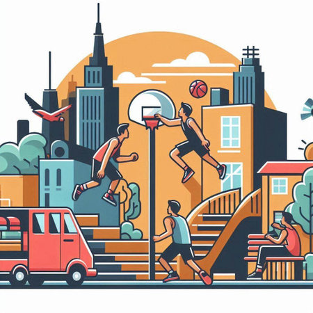 Children playing basketball in the city. Vector illustration in flat style.のイラスト素材