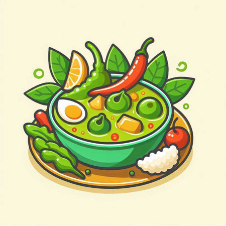 Thai green curry in bowl, Thai food. Vector illustration.のイラスト素材