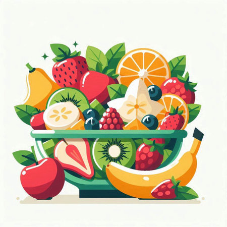Fruit salad in a bowl. Vector illustration in flat style.のイラスト素材
