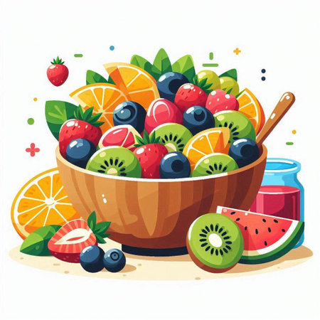Fruit salad in a wooden bowl. Vector illustration of fruits.のイラスト素材