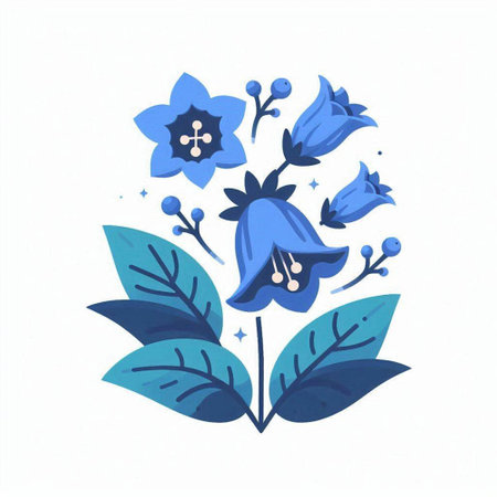 Hand drawn blue flowers and leaves isolated on white background. Vector illustration.のイラスト素材