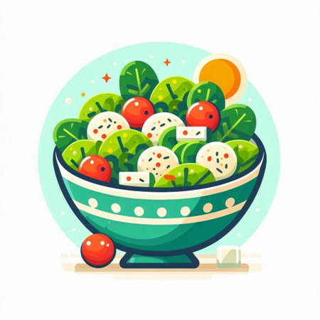 Vegetable salad in a bowl. Vector illustration in flat style.のイラスト素材