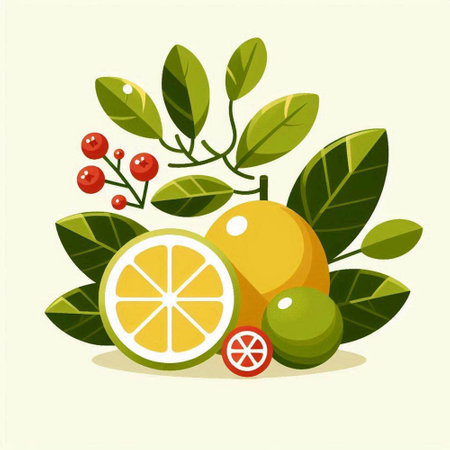 Lemon, lime and red berries with leaves. Vector illustration.のイラスト素材