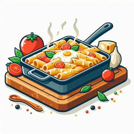 Pasta with tomato sauce in a frying pan. Vector illustration.のイラスト素材