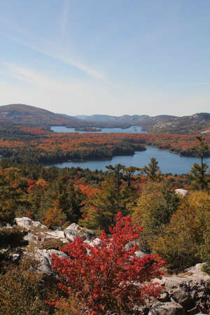 View of the lakes, rocky hills and colourful forest at Killarney Provincial Park, Ontario, Canadaの写真素材
