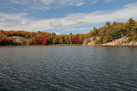Lake and forest during foliage, in Killarney Provincial Park, ON, Canadaの写真素材
