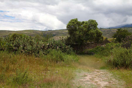 Countryside landscape and indigenous Wari wall in Peruの写真素材