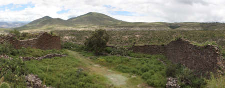 Panorama of ancient wall built by indigenous Wari peopleの写真素材