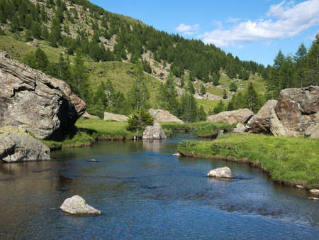 Alpine landscape with small river flowing in Valmalenco, northern Italyの写真素材
