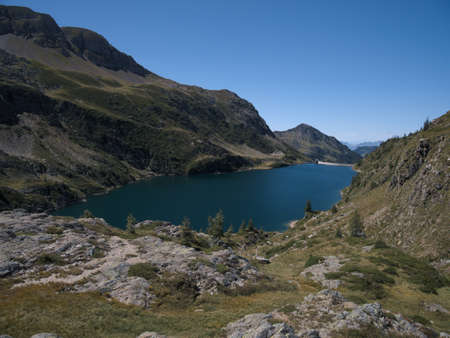 Lake Colombo basin and dam on the Bergamo Alps, northern Italyの写真素材