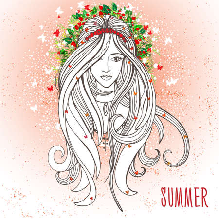 Vector illustration of woman with summer elementsのイラスト素材