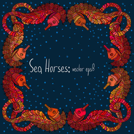 decorative frame with sea horses and water bubblesのイラスト素材
