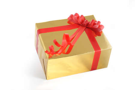 Gift box with red tape on white backgroundの写真素材