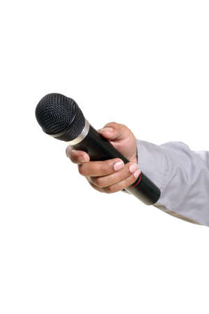 man hand holding microphoneの写真素材