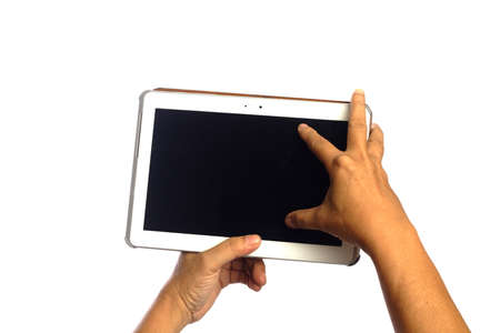 man hand touching button on smartphoneの写真素材