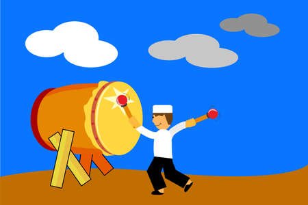 Moslem Boy Hit Bedug (Bedug is indonesia traditional drum)の写真素材