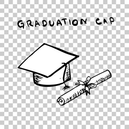 simple hand draw sketch of certificate with red ribbon and black graduation cap, at transparent effect backgroundの写真素材