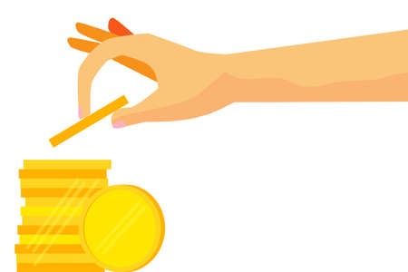 Woman Hand - Saving Money - Blank Golden Coin , isolated on whiteの写真素材