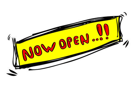 Sketchy Sign : Now Open, Isolated on Whiteの写真素材