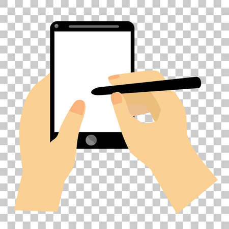 Hand - Writing Something at Gadget, Using Stylus Pen at Transparent Effect Backgroundの写真素材