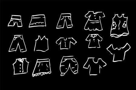 Set of Hand Draw Sketch of Children Clothes, at Black Backgroundの写真素材