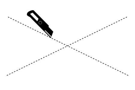 Sign Cut Here, With Cutter, Cross (x) Shape, Isolated on White,の写真素材