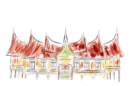 Simple Sketch of West Sumatera Traditional Building with water color effectの写真素材