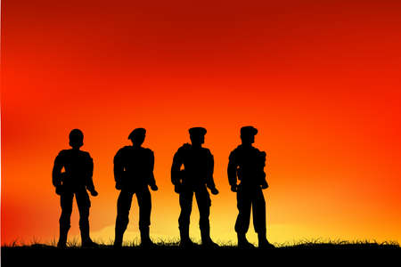 Silhouette of Four Soldier, Low Angle Perspective, at sunset or sunriseの写真素材