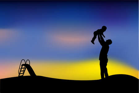 Silhouette of Father Have fun with his Children at grassland public park when sunset or sunriseの写真素材