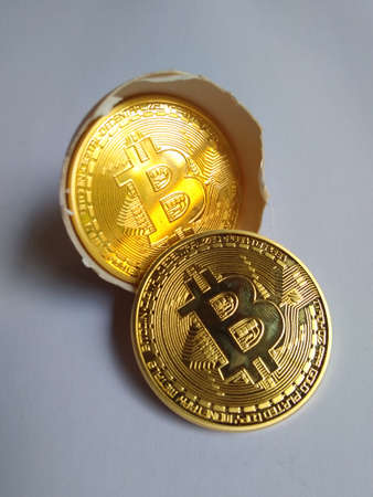 photo two pieces Bitcoin out from broken chicken egg shell