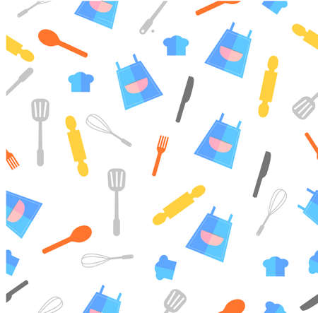 Vector Flat Icon Seamless Pattern, Apron &amp; Cooking Ware for Background, Wrapping Paper, Curtain, Banner etc&#xA;の写真素材