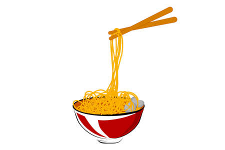 Vector Hand Draw Sketch, Noodle Meat Ball at Red Bowl and Chopstick &#xA;のイラスト素材