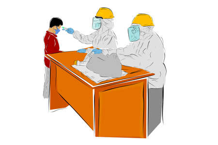 Illustration Vector Hand Draw Sketch, Standing Boy, Body Temperature Check by using hazmat sitting doctor or nurse, health protocols during a pandemic Covid-19
のイラスト素材