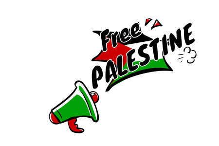 Vector Hand Draw Sketch Sign, Bullhorn or Megaphone, with text Save Palestine, for Demonstration Plank Isolated on White 
のイラスト素材