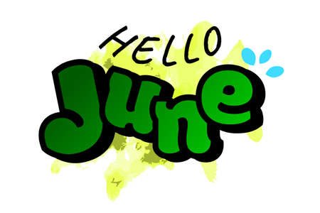 Cute Greeting Doodle Vector Lettering Hello June, with Yellow Splat and Blue Splash&#xA;のイラスト素材