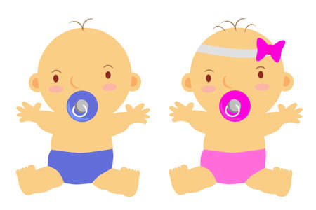 Vector Sitting Baby Boy and Girl with nipple, isolated on white&#xA;のイラスト素材
