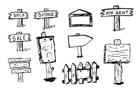 Set 2 Vector hand draw sketch, wooden directionのイラスト素材