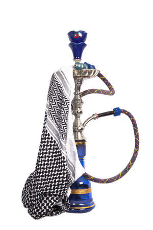 Blue and silver arabic waterpipe with arabic kerchief isolated on whiteの写真素材